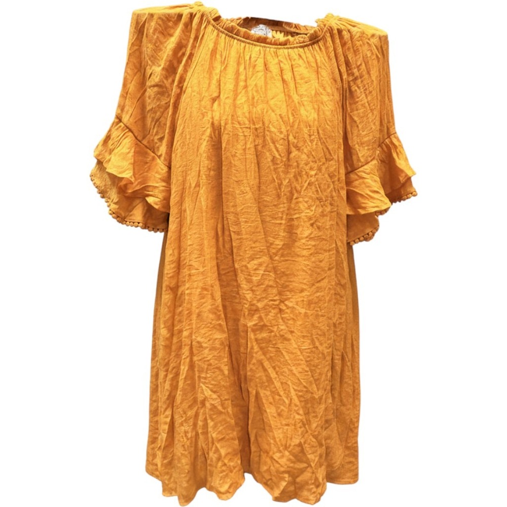 Naif Womens Mustard Yellow Crinkle Shift Dress Ruffle Pom Pom Trim Size M NWT